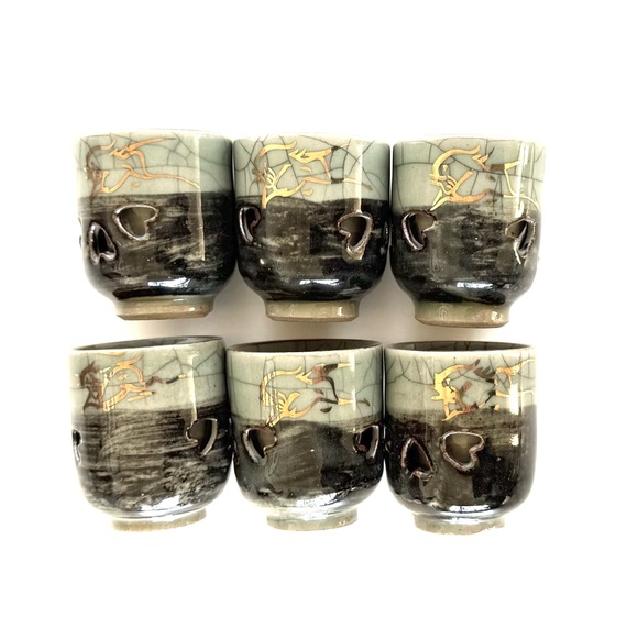 Vintage Sake Pitchers & 6 Cups Japan Somaware Somayaki Crackle Gold Horse Hearts - Picture 7 of 16